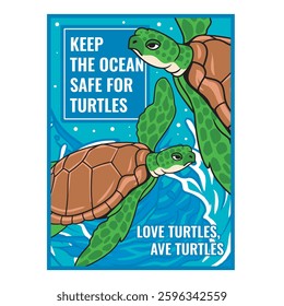 Vector Illustration of Ocean Turtle with Cute Illustration Available for Poster