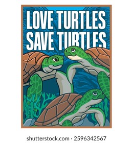 Vector Illustration of Ocean Turtle with Cute Illustration Available for Poster