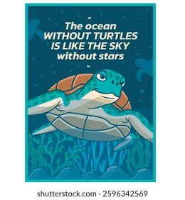 Vector Illustration of Ocean Turtle with Cute Illustration Available for Poster