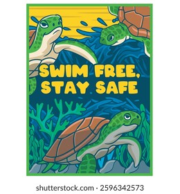 Vector Illustration of Ocean Turtle with Cute Illustration Available for Poster