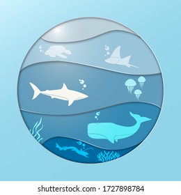 Vector Illustration Of Ocean With Turtle, Sting Ray, Shark, Jelly Fish, Whale, And Viper Fish. Suitable For World Ocean Day