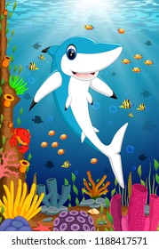 vector illustration of the ocean view with the big dashing blue shark posing