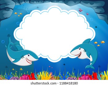vector illustration of the ocean view with the cloud board blank space and two huge shark in the blue water