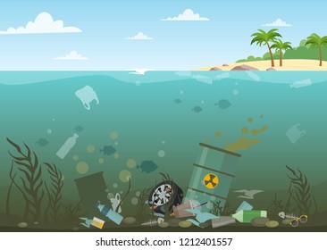 Ilustración vectorial del agua oceánica llena de desechos peligrosos en el fondo. Eco, concepto de contaminación del agua. Basura en el agua, de estilo plano.