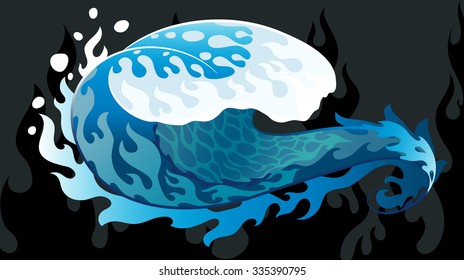 vector illustration of ocean wave styled in old-school tattoo fire flames