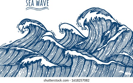 Vector illustration of ocean wave in traditional Japanese style. Blue water splash of ripple sea. Marine theme. Vintage hand drawn style.