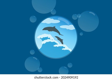 Vector illustration of ocean waves and dolphin in a bubble
