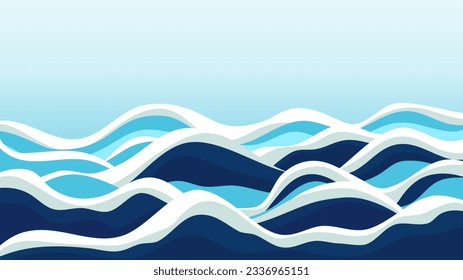 Vector illustration of ocean waves in the middle of the sea with blue and white colors