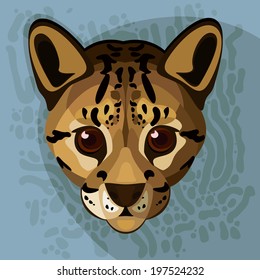 A vector  illustration of an ocelot's face.Creative Ocelot Cat Illustration .Wild spotted cat. Wildlife icon.Detail portrait of ocelot, nice cat margay  from South America Close Up.Leopardus pardalis