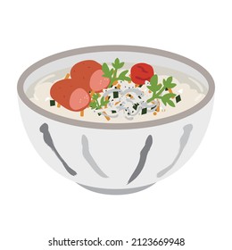 Vector illustration of ochazuke. Put seasoned cod roe, dried shirasu, and pickled plums on top of rice and sprinkle with tea.