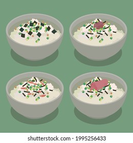 vector illustration of ochazuke

ochazuke: rice with tea poured on it (Japanese dish)