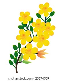 Vector illustration of a ochna integerrima branch, the flowers of traditional Vietnamese new year