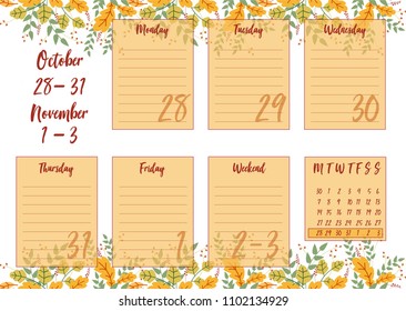 Vector illustration of October 2019 Weekly planner with abstract autumn background. For print notebooks, format A5. Cute page for notes. Daily planner 2019 calendar for companies and private use.