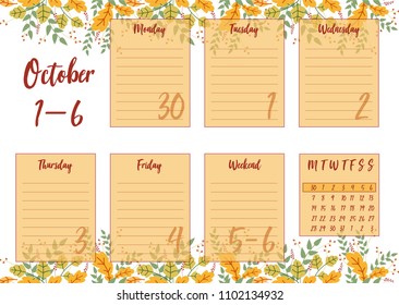 Vector illustration of October 2019 Weekly planner with abstract autumn background. For print notebooks, format A5. Cute page for notes. Daily planner 2019 calendar for companies and private use.