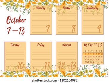 Vector illustration of October 2019 Weekly planner with abstract autumn background. For print notebooks, format A5. Cute page for notes. Daily planner 2019 calendar for companies and private use.