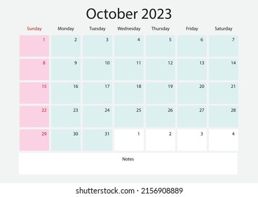 Vektorgrafik Oktober des Kalenderjahres 2023. Sonntag beginnt am Sonntag. Jahreskalender 2023 Kalender-Design in Schwarz-Weiß, Sonntag in Rot. Vektorgrafik