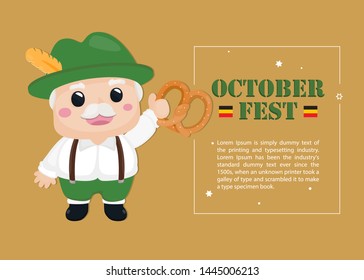 Vector illustration October fest template. Character of old man with pretzel in hand.