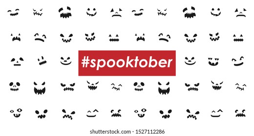 vector illustration of October Halloween meme spooktober in red bold typography with scary faces pattern on background