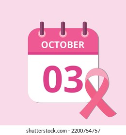 Vector illustration of October month specific day calendar in pink, pink october day 03 awareness campaign.