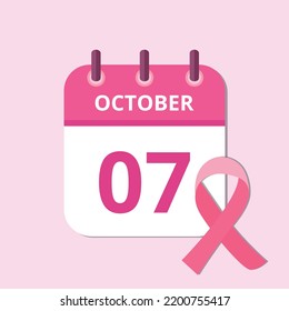Vector illustration of October month specific day calendar in pink, pink october day 07 awareness campaign.