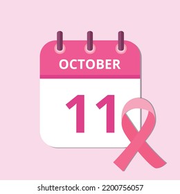 Vector illustration of October month specific day calendar in pink, pink october day 11 awareness campaign.