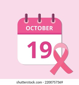 Ilustración vectorial del calendario del día específico del mes de octubre en una campaña de concientización del día 19 de octubre rosa y rosado.