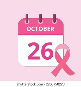 Vector illustration of October month specific day calendar in pink, pink october day 26 awareness campaign.