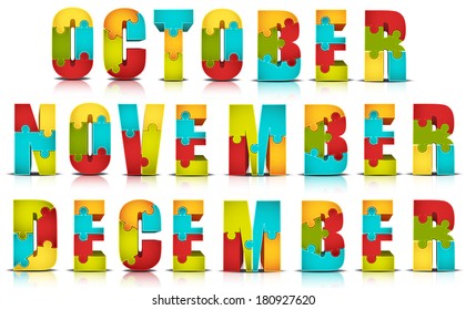 Vector illustration of "October, November and December" words made by puzzle. 