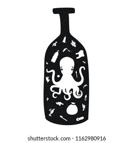 Vector illustration with octopus in a bottle with different plastic and not only trash inside. Ecological poster, monochrome print design about ocean pollution