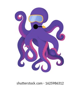 Vector illustration with an octopus diver. A cheerful and happy Character an octopus with a mask and a balloon plunges to the bottom of the ocean, a symbol or a mascot for diving schools.