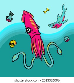 Vector illustration of octopus and fish on sea water backgroud.