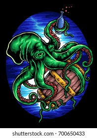 vector illustration of octopus holding beer barrel and bottle in the deep blue sea