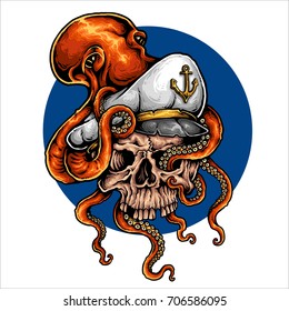 vector illustration of octopus holding captain skull with tentacle