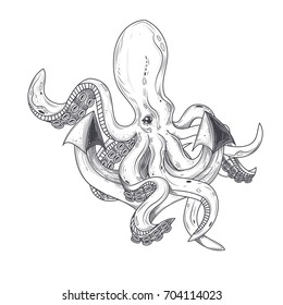 Vector illustration of an octopus hugging tentacles of a ships anchor, a sketch of a tattoo, an engraving, a print, a design element