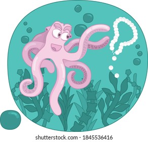 Vector illustration of an octopus with a jewelry on the seabed