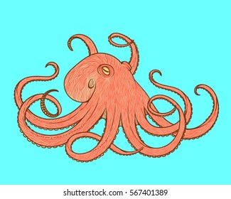 Vector illustration of octopus line art style. Design for t-shirt, posters. Sketch