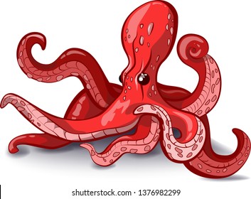 Vector illustration of an octopus. Made in cartoon style. The character has a bright color and if is in the dynamics