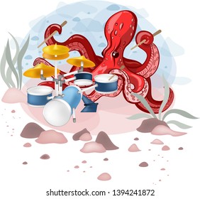 Vector illustration of an octopus. Made in cartoon style. The character has a bright color and has a good command of drumsticks. Demonstrations for the inhabitants of the deep sea