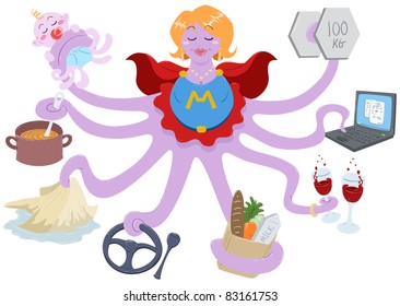 A Vector Illustration of an octopus mother dressed as a superhero, lifting weights, using a laptop, having drinks, shopping for grocery, driving, cleaning, cooking and taking care of her baby.