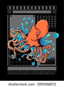vector illustration of an octopus, on a modern geometric background, text writing template for t-shirts, apparel and merchandise