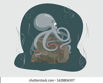 vector illustration of an octopus on a rock among algae