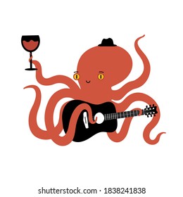 Vector illustration with octopus playing acoustic guitar and holding wineglass with red wine. Music party flyer template design, bar wall decoration poster