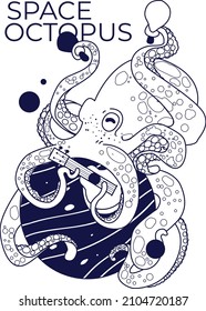 Vector illustration. Octopus plays ukulele and maracas while sitting on a planet in outer space