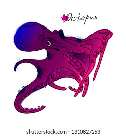 Vector illustration of octopus. Sketch. Watercolor. Isolated on white background. Black outline.