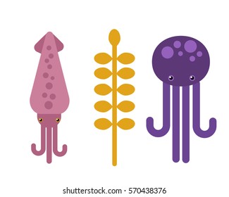 Vector illustration octopus and squid marine life animal.