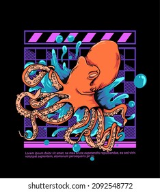 vector illustration of octopus, water splash and geometric background, design for t-shirts, clothes and merchandise