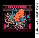 vector illustration of octopus and water splashes, illustration of animal t-shirts, illustrations for printing on t-shirts, clothes, apparel, merchandise, with modern geometric backgrounds.