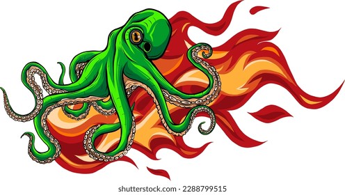 vector illustration of octopus with wave on white background