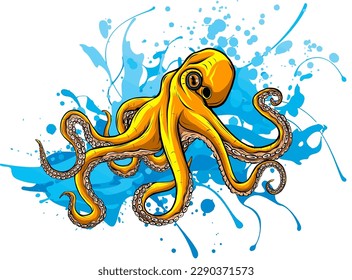 vector illustration of octopus with wave on white background