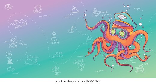 Vector Illustration of Octopus Wearing Captain Hat and Steampunk Goggles with Treasure Map Background, For Banner and Printing